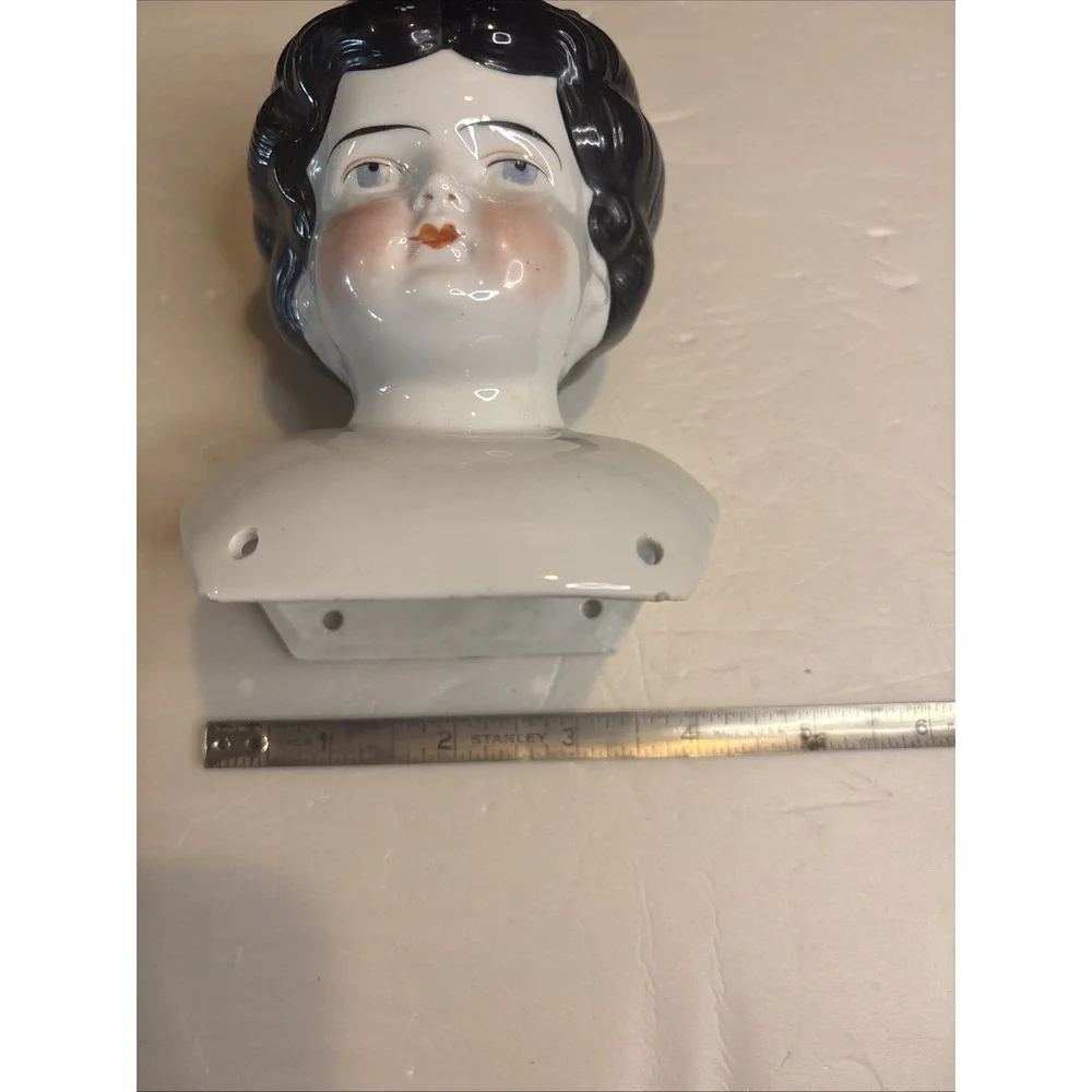 Antique German China Head Doll Head Black Curly Hair Blue Eyes Low Brow